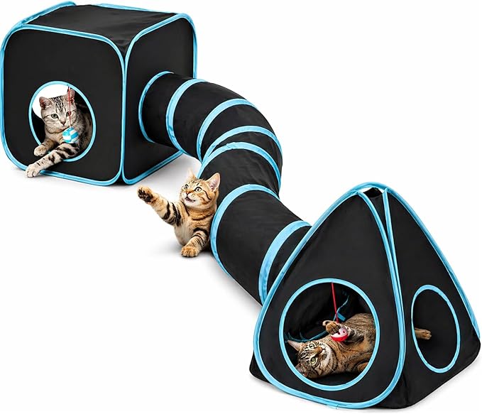 Rypet Cat Tunnels for Indoor Cats with Cube Tent, Interactive Collapsible Cat Tube and Foldable Cubes Playground for Hiding Hunting and Resting, Pet Tube with Bell for Kitten, Rabbit, Puppy, Ferret