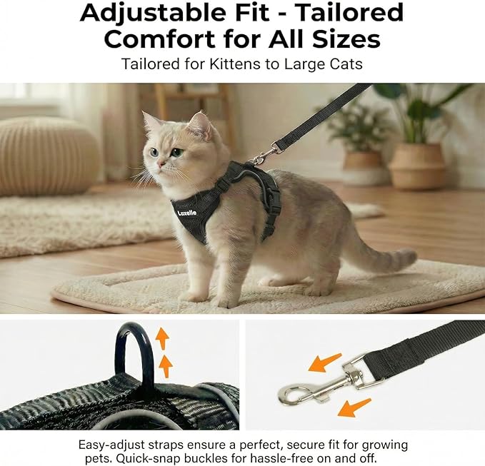 Luxelle 2 Pack Escape-Proof Cat Harness and Leash Set for Walking – Adjustable No Pull Soft Vest with Easy-Wear Buckle, Reflective Straps, Breathable Mesh – Outdoor Travel Harness for Cats & Kittens