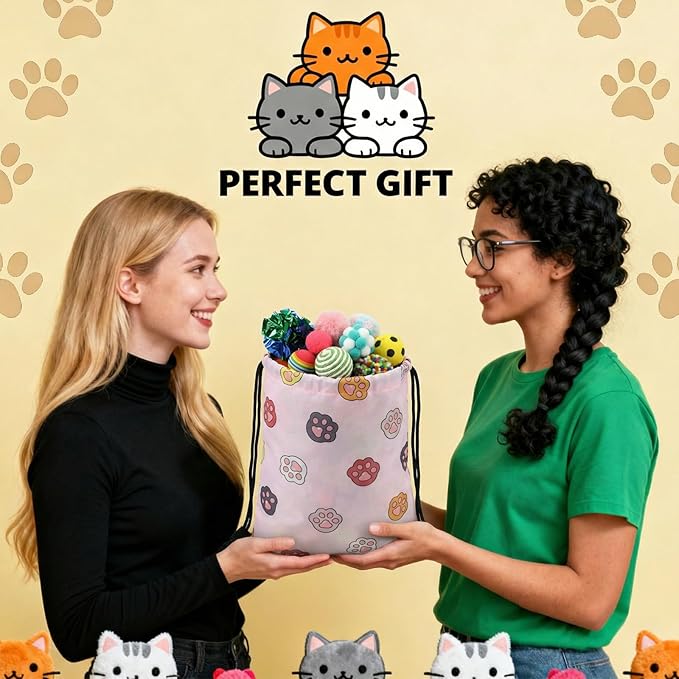 Leitee Cat Toy Balls Bulk with 1 Cat Paw Gift Storage Bags Set - Variety Interactive Kitten Toys Bundle with Crinkle Ball, Balls, Bells for Cats Mom Kittens and Indoor Cats Chase Pounce Rattle Play