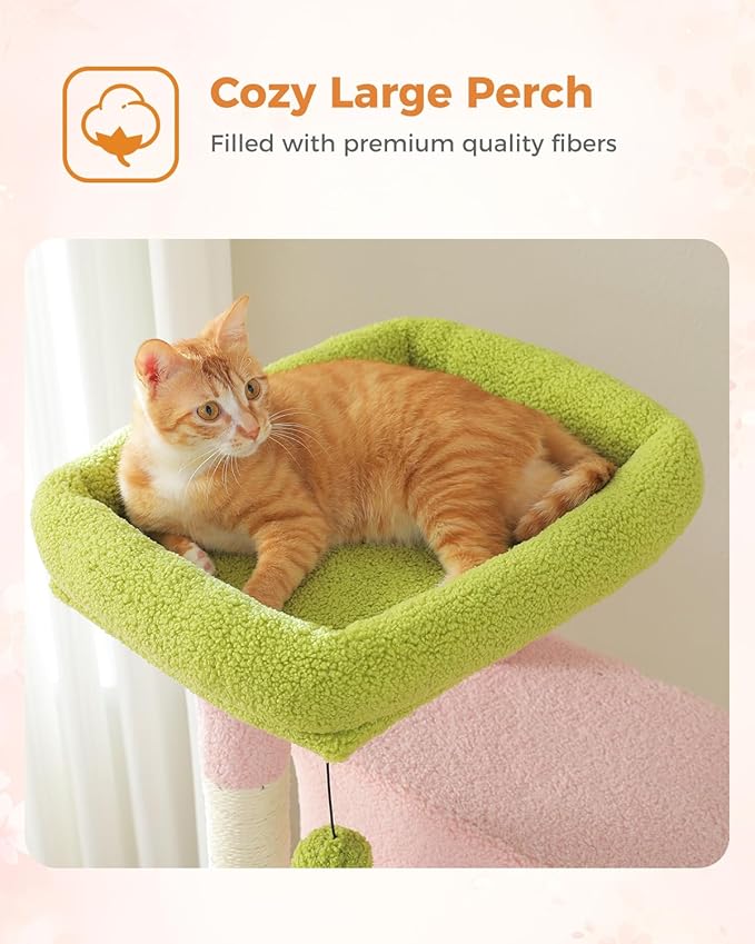 MUTTROS Pink 71" Tall Cat Tree for Large Cat 20 lbs with Super Large Hammock, Heavy Duty Cat Tower with 4 Sisal Scratching Posts & 2 Spacious Condos for Big Adult Cats Maine Coon -Green