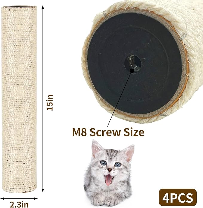 Fhiny 4PCS Cat Scratching Post Replacement 15" Natural Sisal Spare Extension Scratch Post for Cats Tree DIY Craft Refill Pole Parts Hemp Rope Scratcher Climbing Perch for Indoor Kitten White