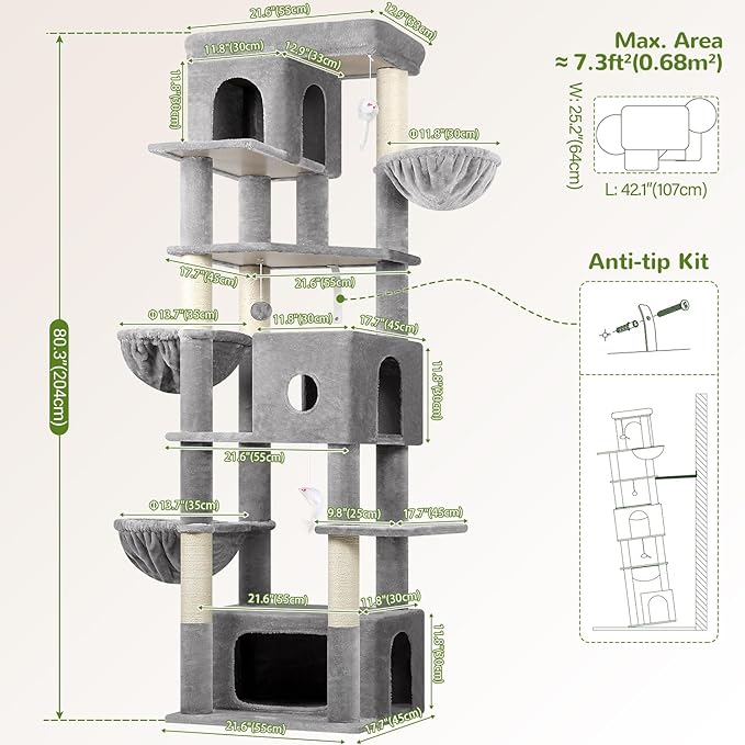 Globlazer Large Cat Tree, 80 inch Multi-Level Tall Climbing Tower Kitty Condos Cat Scratching Tower for Indoor Multiple Large Adult Cats Kittens with 3 Cat Caves, 3 Hanging Baskets, F80F, Light Grey