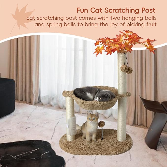 MECOOL Cat Tree Tower 32" Tall Scratching Post with Large Hammcok for Indoor Cats,Self-Massage Bursh Hanging Ball Toys,Maple,Beige