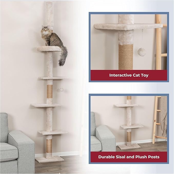 Trixie Kobe Cat Tree, 4-Level Indoor Cat Furniture, 90.5"-104" Ceiling Mount Tower with Adjustable Tension Rod, Large Jute Scratching Post, Beige