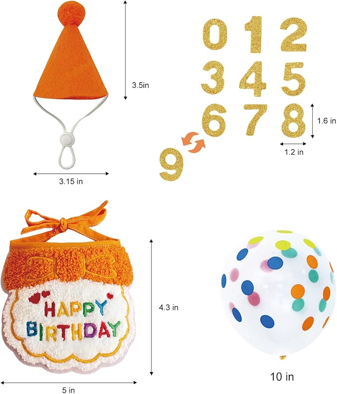 Reusable Cat Birthday Decorations Set - Adjustable Cat Birthday Hat & Bandana with Age Numbers | Kitty Celebration Kit for Memorable Milestones（Orange）