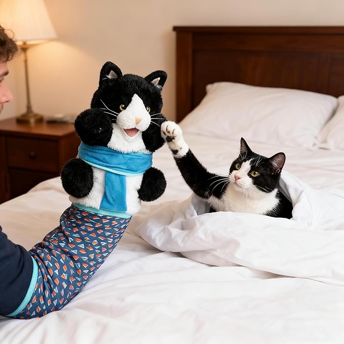 Kitty Karate Cat Wrestler Puppet with Protective Forearm Sleeve, Karate Kitten Glove Interactive Arm Wrestling Puppet Toy, Realistic Movements, Soft Plush for Kittens & Cats (Black)