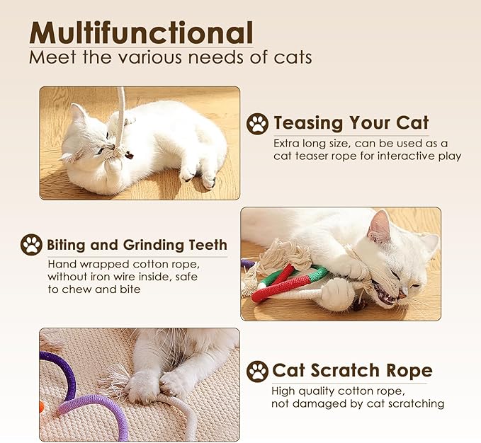 Letalong 3 PCS Cotton Rope Cat Toys with 3 Pack Catnip for Indoor Cats, Interactive Cat Rope Toys with Silvervine Fruit for Cats and Kittens, Handmade Pet Chew Toys for Teeth Cleaning