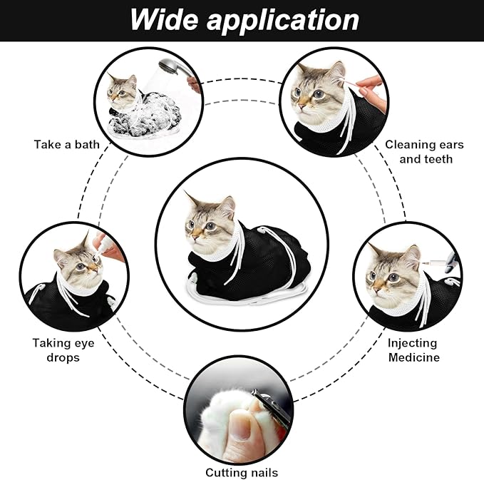 Cat Bathing Bag, Breathable Mesh Cat Shower Bag Anti Scratch Adjustable Grooming Washing Bag for Nail Trimming Soft Polyester