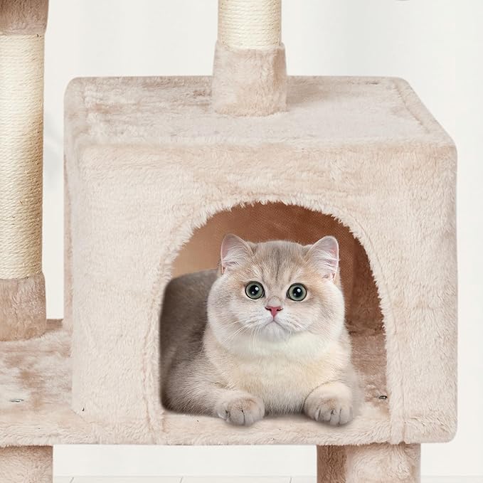 Cute Cat Tree Tower for Indoor Cat Tower with Scratching Post Modern Activity House Hammock Hanging Ball Condo with Board Beige