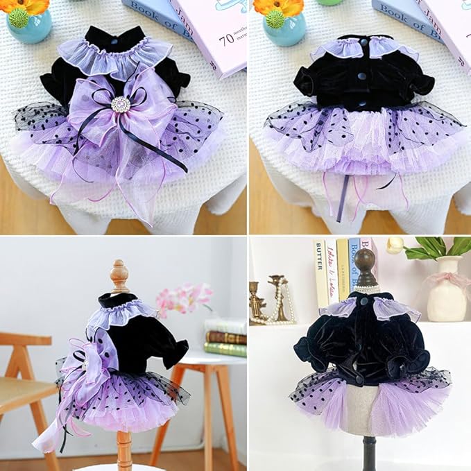 Dog and Cat Butterfly Princess Lace Tutu Dress, Dog Girl Set, Kitten Chihuahua York Pomeranian Pet Clothing (Purple-Bow, Small)