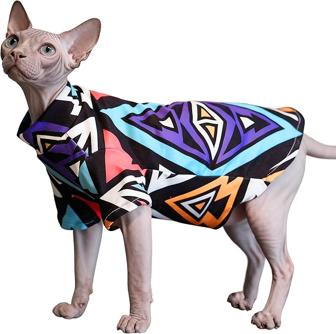 Sphynx Cat Clothes Shirts for Hairless Cat,Graphics Printed Kitten Apparel Clothes for Cats Only,Soft Sphinx T-Shirts Sweatshirt with Sleeves for Cornish Rex, Devon Rex,Geo Pop,L