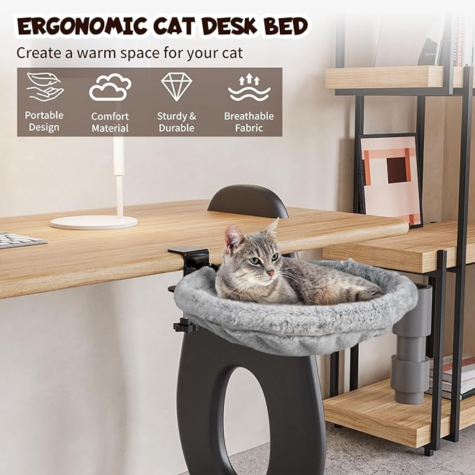 Cat Desk Bed, 90° Foldable Cat Hammock for Desk, Heavy Duty Cat Bed Desk Mount Up to 44lbs, Ergonomic Desk Mounted Cat Bed with Washable Soft Fabric, Space Saving Cat Perch for Home Office Desk