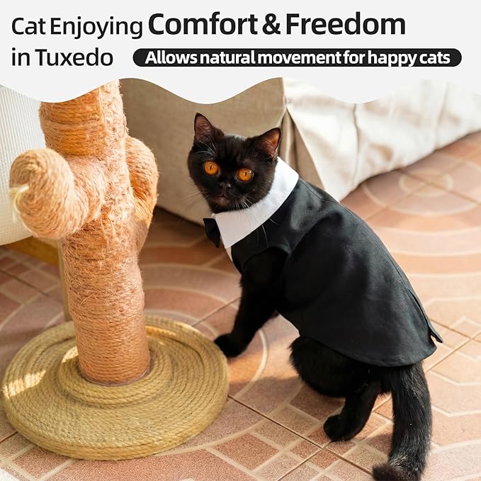 QBLEEV Cat Tuxedo Outfit, Sphynx Cat Costume for Cats Only, Formal Kitten Clothes Attire Suit with Bow Tie, Stylish Birthday Wedding Party Photo Shoots Costume for Male Female Cats, XL, Black