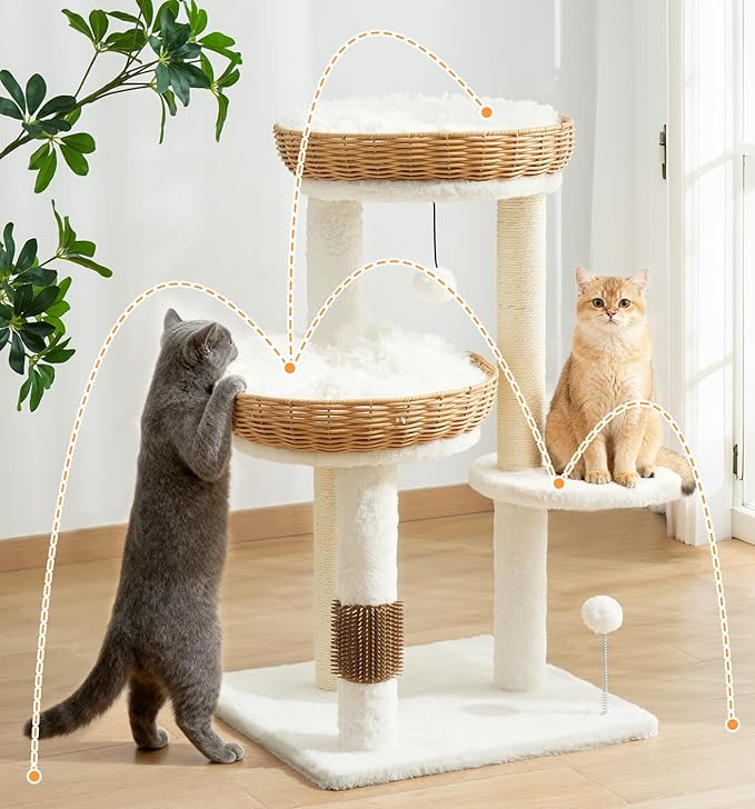 Made4Pets 32in PE Rattan Cat Tree Tower, 2 Large Handwoven Nest Baskets with Soft Cushions, Scratching Post, Stable Wicker Cat Tree with Groomer & Hanging Ball Toys for Adult and Kittens