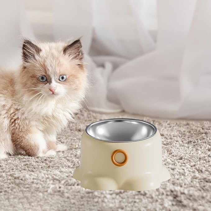 Tilted Cat Feeder Bowl Food Dispenser Living Room Home Travel Indoor Watering Feeding Dish Cat Food Bowl for Pets Small Dogs, Vanilla Brown