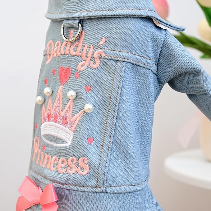 Denim Dog Jacket for Small Dogs & Cats, “Daddy’s Princess” Embroidered Pet Coat with Pearls & Bow, Light Blue Jean Outfit with D-Ring, Cute Apparel for Walks, Photos, Parties & Holidays(L)