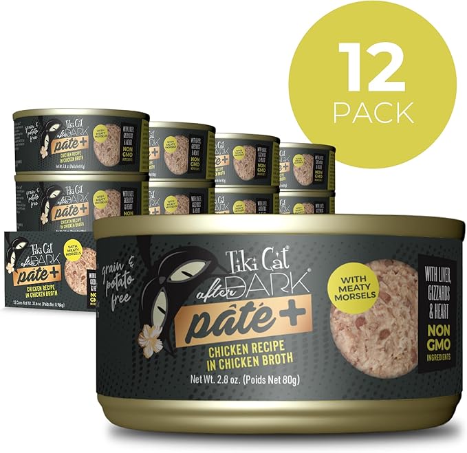 Tiki Cat After Dark Pate+, Chicken Recipe in Chicken Broth, with High Moisture Broth for Optimal Hydration, Wet Canned Cat Food, 2.8 oz. Can (12 Count)