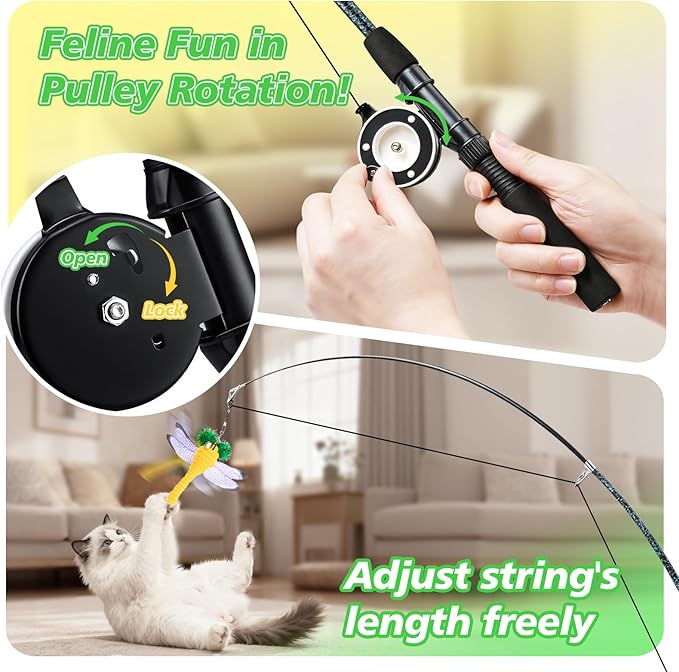 Pawaboo Interactive Cat Toy, Retractable Cat Fishing Rod with 3 Replacement Fishing Lures Made of Feathers and Bells, Adjustable Line Length, Feather Teaser for Cats, Kittens, Fun, Blue