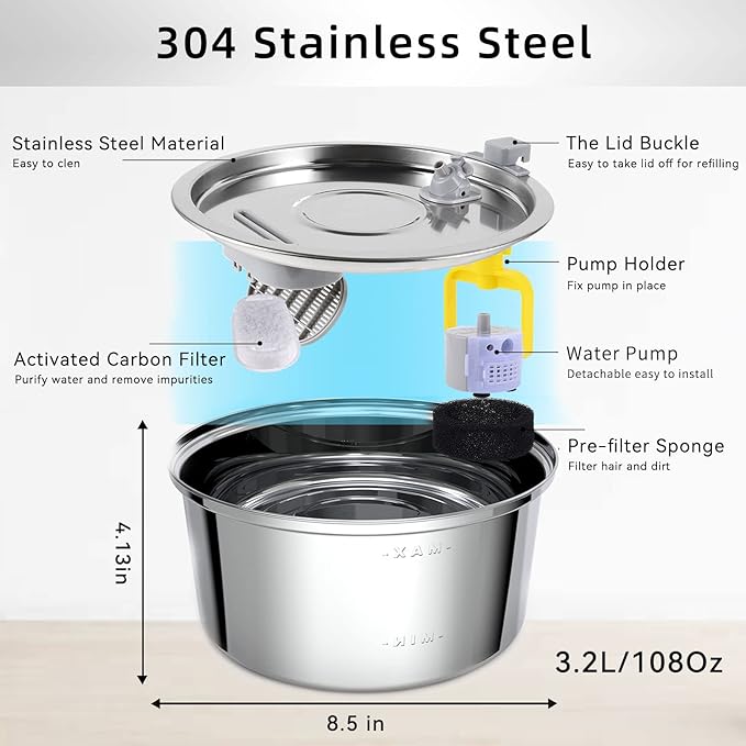 Cat Water Fountain Stainless Steel,3.2L/108oz Automatic Pet Fountain Dog Water Dispenser,Ultra Quiet Pump with 3 Replacement Filters for Cats, Dogs, Multiple Pets