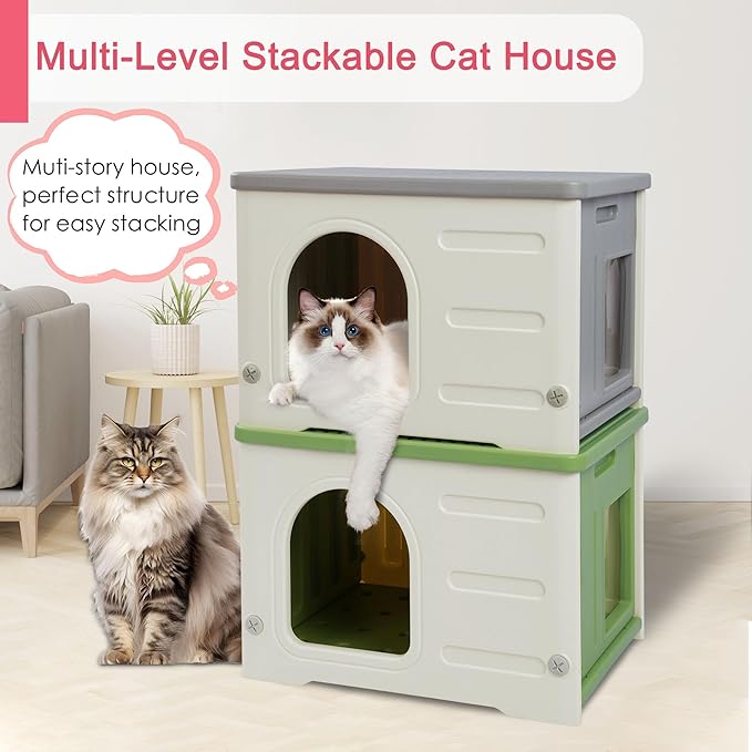 Plastic Cat House for Outdoor Indoor, Waterproof Outdoor Cat House with Escape Door for Feral Cats Outside Cat Shelter for Small Pet, Spacious, Assemble Easily -Grey Basic Style