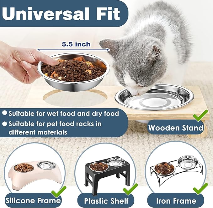 6 PCS Thickened Stainless Steel Cat Bowls, 5.5 Inch Shallow Wide Flat Metal Kitten Food Bowls, Whisker Friendly Fatigue Relief Replacement Basic Pet Dishes for Indoor Cats