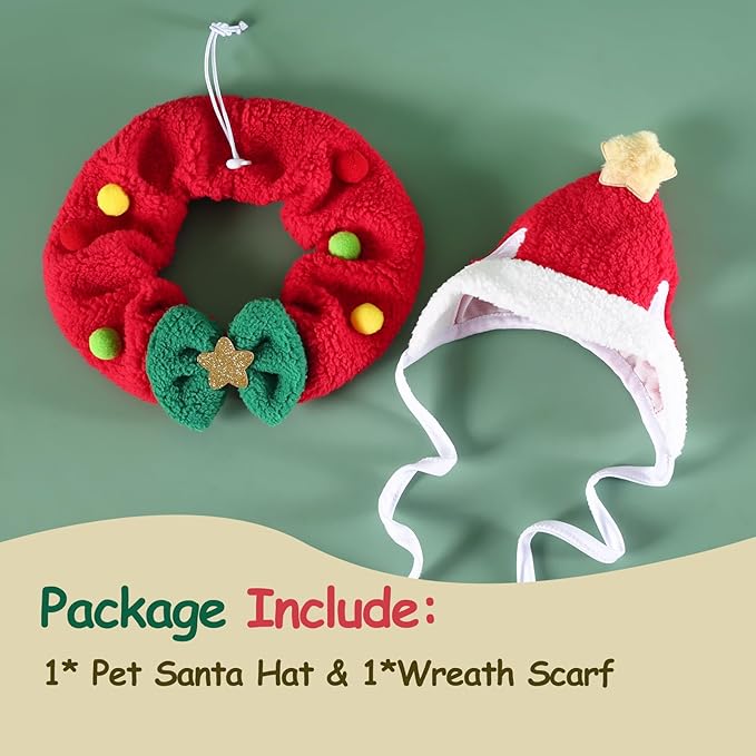 Cat Christmas Outfit 2pcs Set, Cat Santa Hat with Wreath Scarf, New Year Decoration Costume Suit for Small Dogs, Rabbits, Red