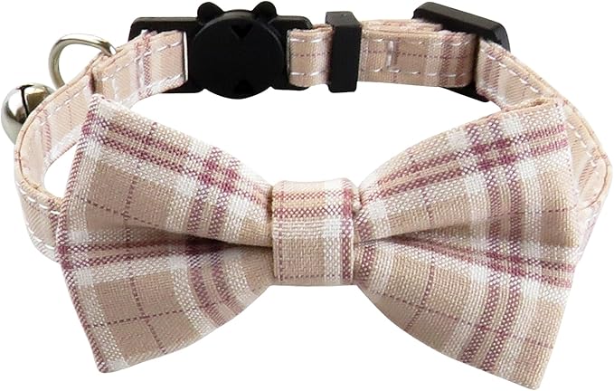 Cat Collar with Bow Tie and Bell, Breakaway Plaid Bowtie Cat Collar for Kitty, Cats, Puppy and Kittens, Khaki