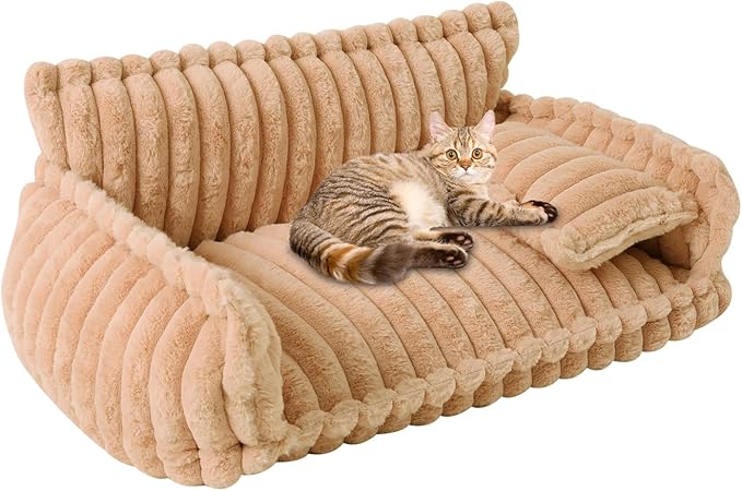 Plush Pet Couch, Soft Cat Bed with Bolster, Comfortable Pet Sofa for Indoor Lounging, Washable Cover, Large Size, Perfect for Medium to Large Breeds (Camel)