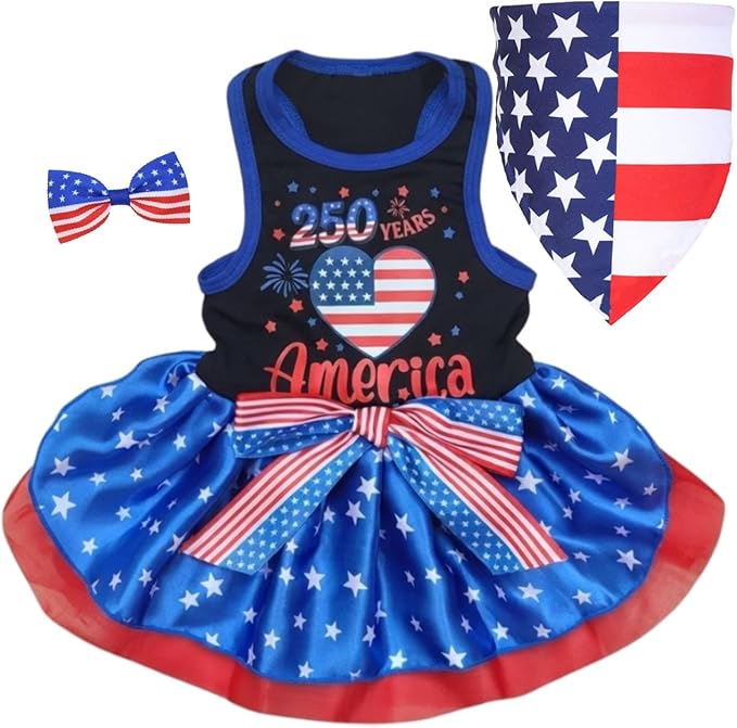 Small Dog Cat America's 250th Anniversary 4th of July Dress, Bandana & Bow Clip 3 Piece Accessories L