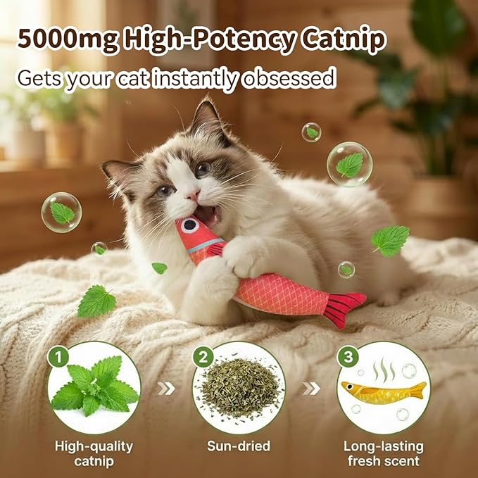 Cat Toys with 5000mg A+Natural Catnip & Bell, Interactive Soft Chew Kicker Cat Toys for Indoor Cats & Kittens, [Crinkle &Bell] Fish Sound Toy, 2 Pack Fish Cat Toys Red Green