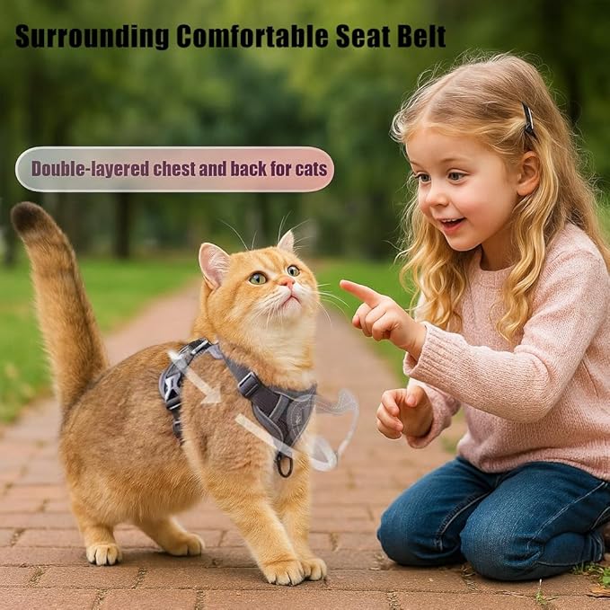 Cat Chest Harness and Leash Set for Walking Escape Proof, Soft Adjustable Vest Harnesses for Cats, Kitten Jacket with Reflective Strip, Easy to Put on with 3 Buckles for Traveling (Red, L)
