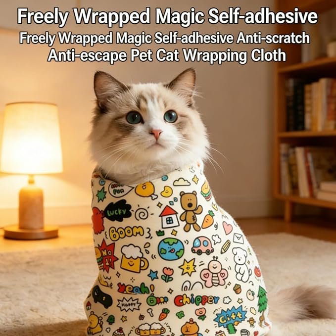 Pet Grooming Wrap: Self-Adhesive Soft Blanket Restraint Tool for Cats/Small Dogs. Prevents Escaping, Ideal for Grooming & Electronics Protection (21.7×21.7 in, Fits Under 6 lbs Cats, Graffiti)