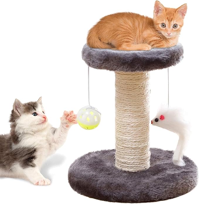 Small Cat Scratching Post and Small Cat Tree Natural Sisal Tower with Round Perch and Plush Ball Furniture Made for Small Cat, Kitten Relax Tree