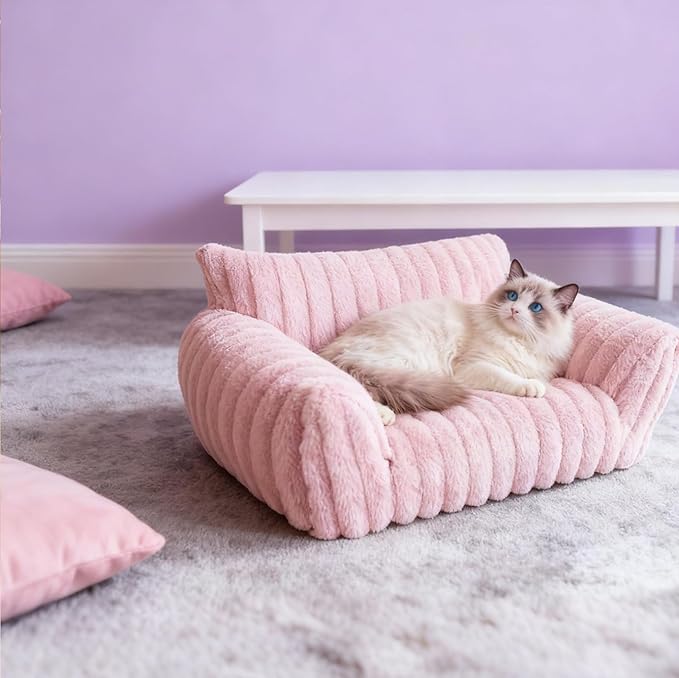 Cat Couch for Pets - Cute Cat Beds for Indoor Cats with Removable Cover, Washable Soft Corduroy Plush, Fluffy Supportive Pet Sofa Chair for Small Dog & Cats, Pink 24 inch