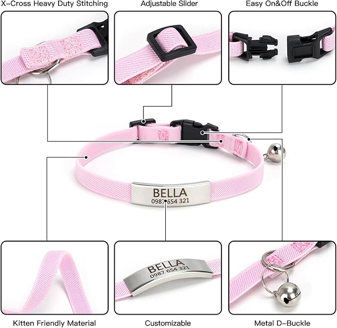 Quick-Release Lightweight Elastic Cat Collar - Custom Engraved ID Tag Safety Collar for Indoor/Outdoor Cats, Personalized Name Plate to Prevent Loss
