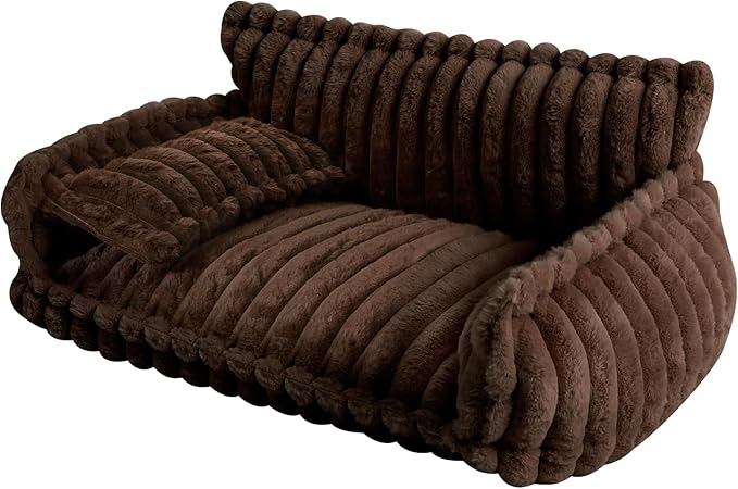 Fluffy Pet Couch Bed with Removable Washable Cover, Dark Brown Rabbit Plush Dog Cat Bed for Small Medium Pets, L Size Couch with Non-Slip Bottom and Pillow (Brown)