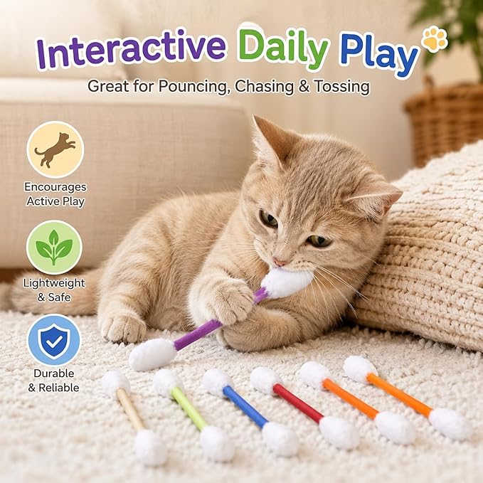 Cotton Swab Cat Toys with Catnip, 6 Pack Catnip Toys for Indoor Cats, Giant Kitty Kicker Plush Chew Sticks, Durable Felt Interactive Cat Toys for Kittens and Adult Cats (Colorful)