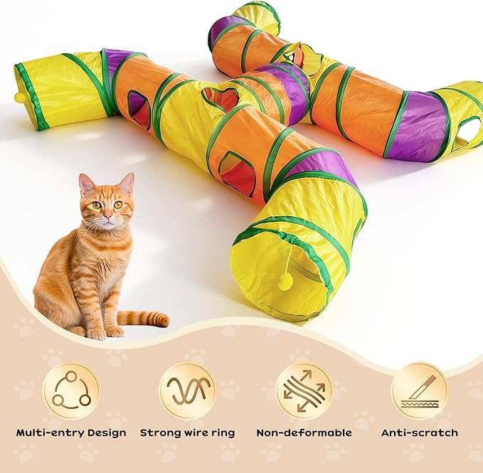 Cat Tunnels for Indoor Cats, Cat Tunnel with Plush Ball, Kitten Tunnel Collapsible, Cat Play Tunnel with Interactive Peephole for Large Cat, Puppy, Kitten (Colorful-4 Way)