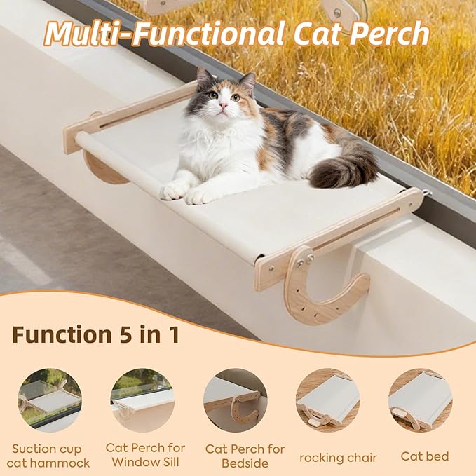 Window Cat Bed, Sturdy Cat Window Perch, Adjustable 4-in-1 Cat Hammock, 4 Modes for Complex Scenarios, Durable & Safe Hanging Seat for Kittens, Cats, Small Pets to Sleep & Play (Beige, 18inch)
