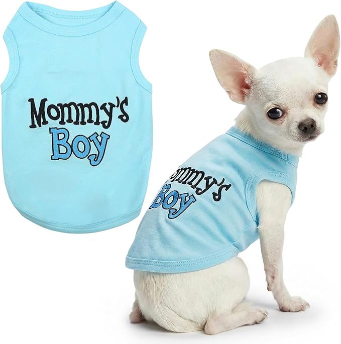 Parisian Pet Dog Shirt for Mother's Day – 100% Cotton Shirts for Large Dogs – Blue Sleeveless Puppy Clothes – Lightweight and Breathable Dog Apparel – Boy Dogs Clothes - Stretchy Mommy’s Boy Pet Shirt