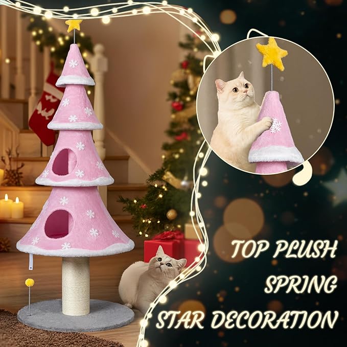 VINGLI 59in Pink Christmas Tree Cat Tower for Indoor Cats - Multi-Level Cat Tree with 2 Condos, Fleece Platforms, Sisal Scratching Post & Dangling Toy, Wide Stable Base for Adult Cats & Kittens