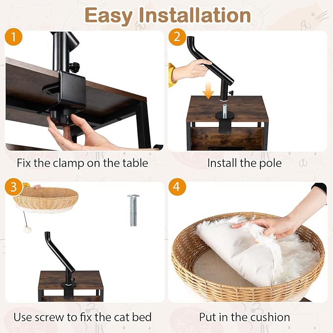 Tangkula Cat Desk Bed, 360° Rotatable Rattan Desk Cat Bed Attachment with Removable Padded Cushion, Hanging Jingling Ball & Secure Clamp, Elevated Pet Nest Perch Hammock for Various Desktops