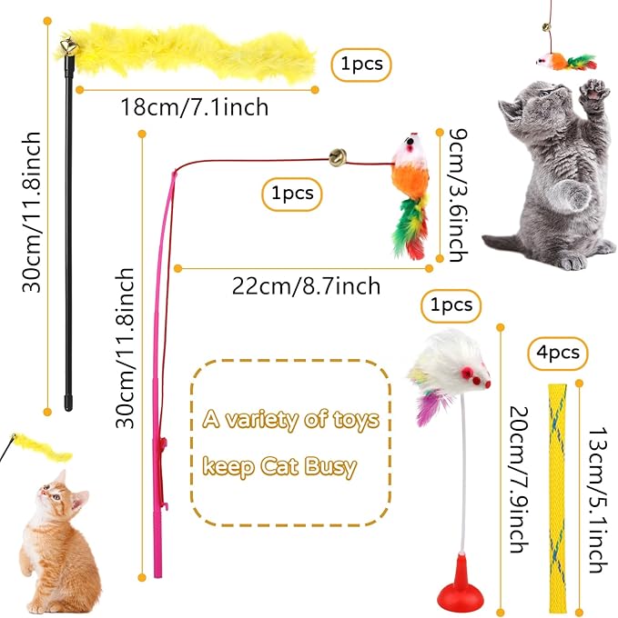 QUOZUO Cat Toys Kitten Toys Assortments, 32 Packs Interactive Cat Toy Variety Pack for Kitty, Cat Wand Toy, Cat Crinkle Balls Bell Balls with Bells, Cat Spring Toy, Catnip Toys for Indoor Cats Kitten