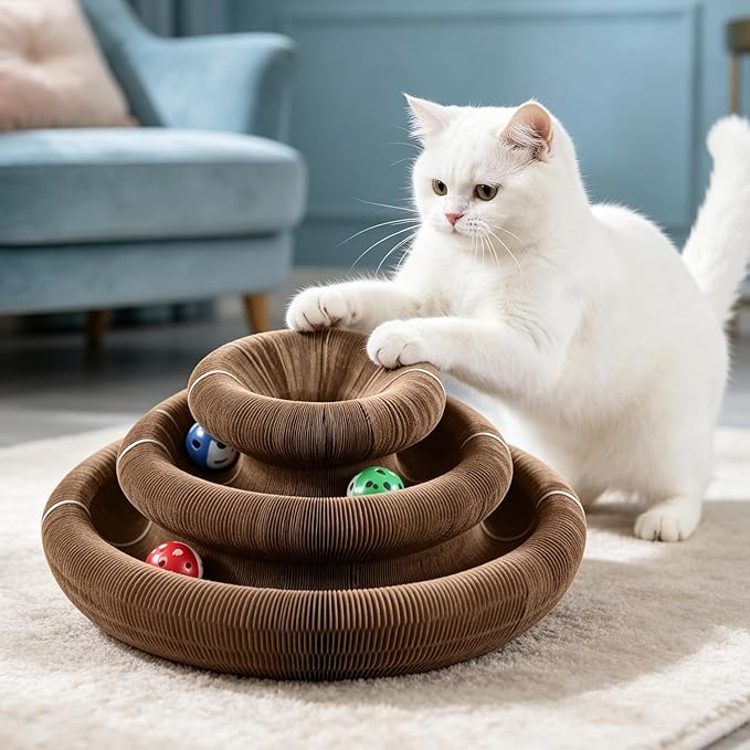 M-Shaped Double Layer Cat Scratcher, Magic Organ Accordion Scratching Board with Bell Ball, Interactive 2-in-1 Corrugated Cardboard Scratch Pad for Indoor Cats & Kittens