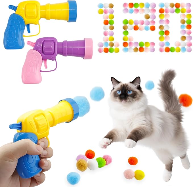 120 Pcs Cat Pom Pom Balls with 2 Pcs Launchers, Plush Exciting Interactive Cat Toys for Indoor Cats, Silent Soft Kitty Toys Ball Launcher Set, Active Kitten Toy Supplies