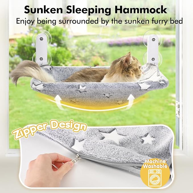 Zoratoo 2PC Cat Window Perch, Glow in The Dark Cordless Foldable Pet Hammock Bed for Window with Sturdy Metal Frame, Glowing Stars Pattern Resting Seat for Indoor Cats (2PC Stars - M)