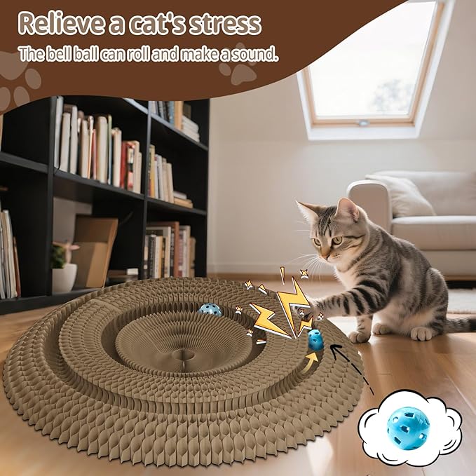 Kitty Curls Magic Organ Cat Scratching Board with 2 Bell Ball,Foldable Accordion Kitty Cat Scratcher,Corrugated Cardboard Scratching Pad,Blue Big Fish