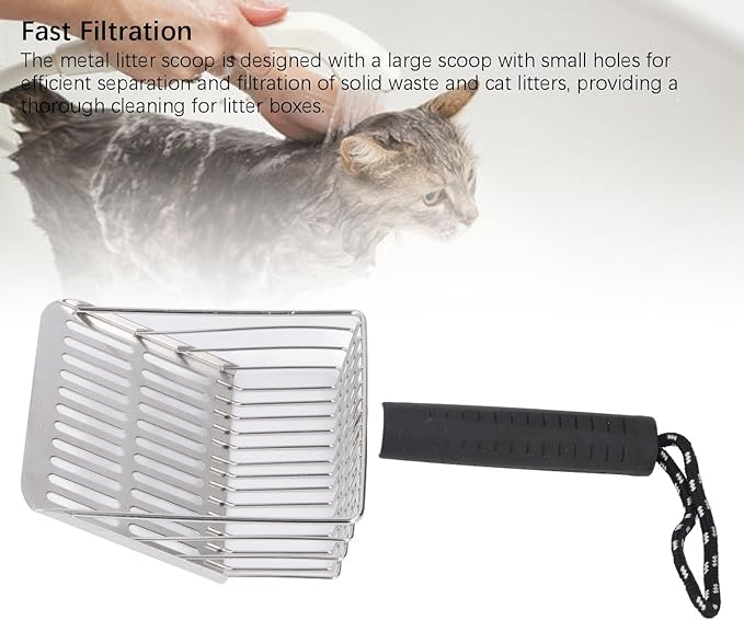 Cat Litter Scoop, Removable Handle Cat Litter Sifter, Stainless Steel Fast Filtration Cat Litter Shovel for Kitten Cat Dog Poop (Black)