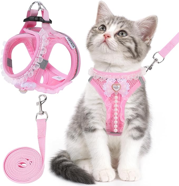 Cat Harness and Leash Set,Escape Proof Adjustable Kitten Harness with Cute Pink Bow,Breathable Reflective Strips Harness for Kitty Puppy Bunny for Walk Travel and Indoor Use (Pink, Small)