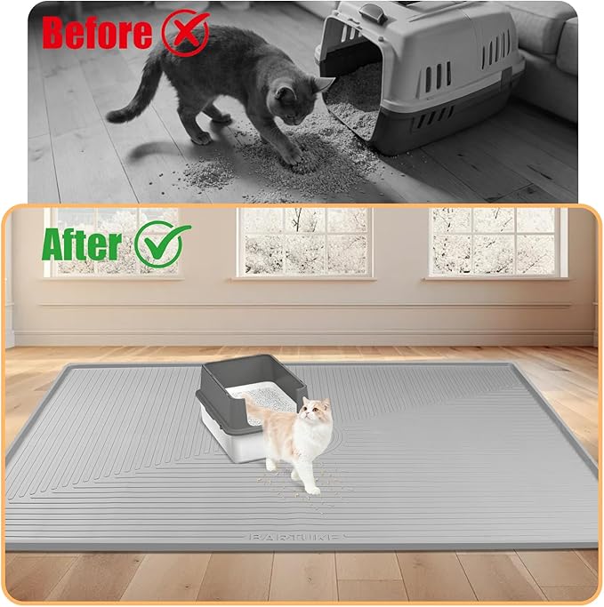 Silicone Cat Litter Mat, 50" x 36" Extra Large Litter Trapping Mat for Litter Box, Leak-Proof, Non-Slip, Kitty Litter Mats with Soft Texture for Floor, Keeping The Floor Clean (Light Grey)
